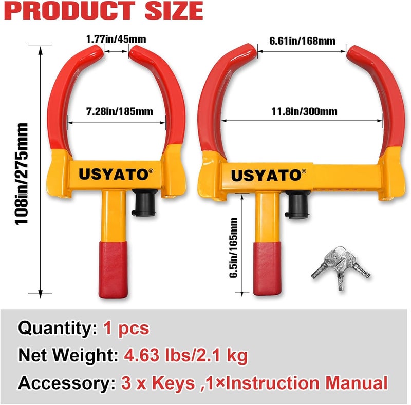 USYATO Universal Heavy-Duty Wheel Lock - Anti Theft Trailer Lock & Car Boot, Adjustable Security Tire 11.4" for Trailers, Cars, Golf Cart, ATV, SUV, RV, Boat, Camper, Motorcycle | Includes 3 Keys - Image 2